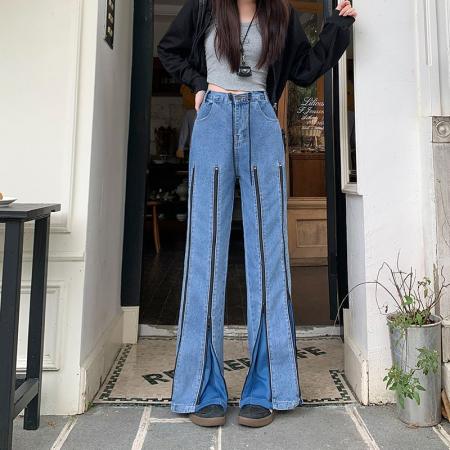 FA39364# 美式复古拼接撞色牛仔裤女新款小众设计拉链阔腿拖地裤  服裝批發女裝批發服飾貨源