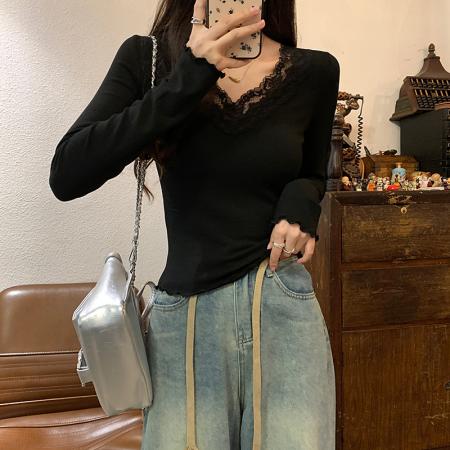 FA39365# 长袖t恤女薄款潮秋季新款纯色修身蕾丝打底衫V领韩版上衣  服裝批發女裝批發服飾貨源