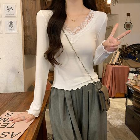 FA39365# 长袖t恤女薄款潮秋季新款纯色修身蕾丝打底衫V领韩版上衣  服裝批發女裝批發服飾貨源