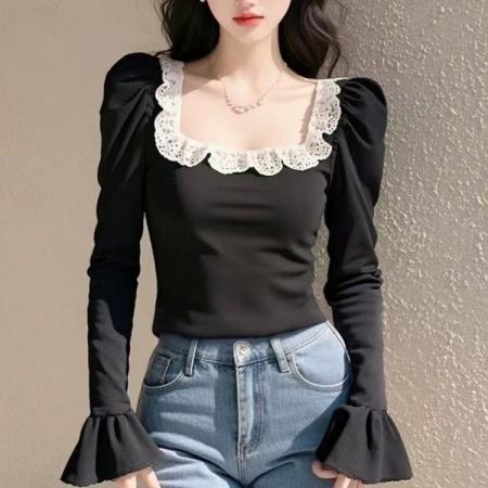 FA39367# 方领长袖T恤女新款甜美淑女气质修身百搭黑色套头喇叭袖上衣  服裝批發女裝批發服飾貨源