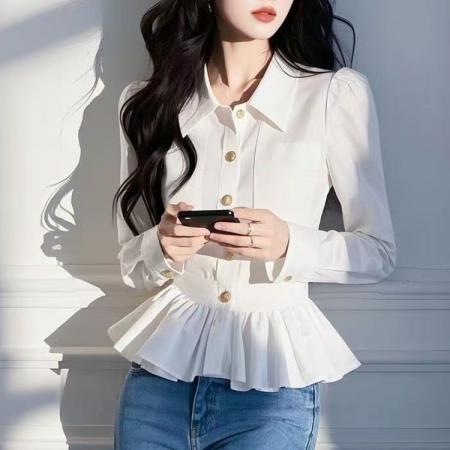 秋季新款白色翻领衬衫女法式收腰...