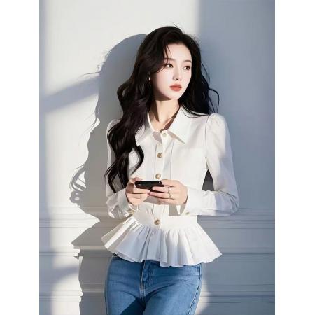 FA39368# 秋季新款白色翻领衬衫女法式收腰显瘦内搭衬衣长袖上衣  服裝批發女裝批發服飾貨源