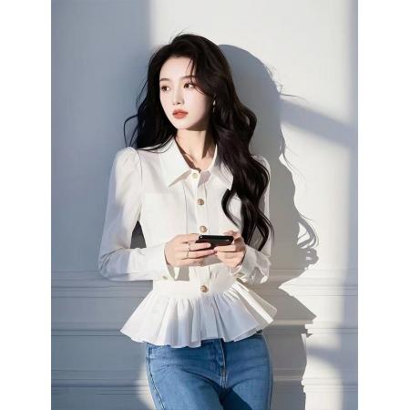 FA39368# 秋季新款白色翻领衬衫女法式收腰显瘦内搭衬衣长袖上衣  服裝批發女裝批發服飾貨源