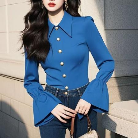 FA39376# 秋季新款法式高级感气质喇叭袖上衣女蓝色长袖修身衬衫  服裝批發女裝批發服飾貨源