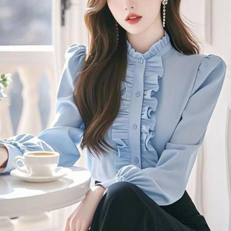 FA39378# 秋季新款法式长袖上衣蓝色木耳边长袖衬衫女新款  服裝批發女裝批發服飾貨源