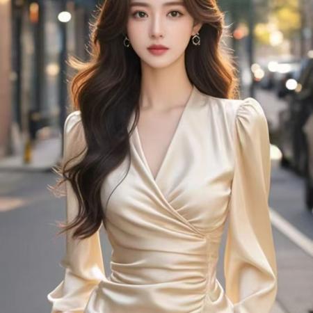 FA39379# 秋季新款缎面V领交叉长袖上衣女洋气褶皱收腰短款衬衫  服裝批發女裝批發服飾貨源