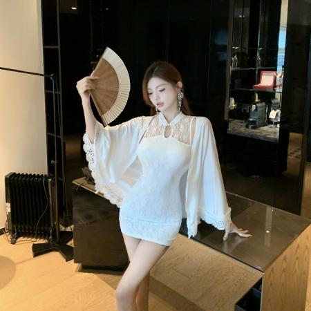 FA39382# 两件套新中式改良旗袍盘扣连衣裙女秋季收腰蕾丝包臀短裙  服裝批發女裝批發服飾貨源