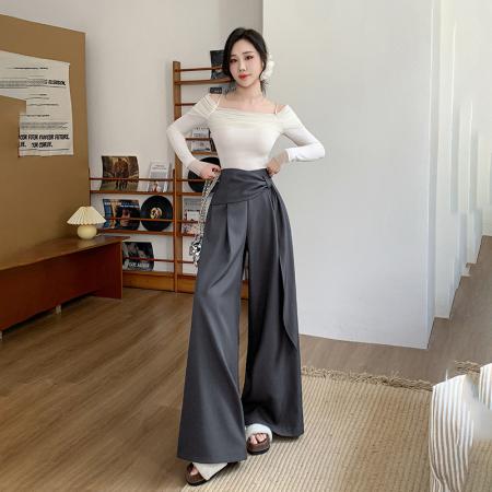 FA39388# 松弛感宽松遮胯咖色阔腿裤秋季新款高腰系带显瘦休闲百搭长裤  服裝批發女裝批發服飾貨源