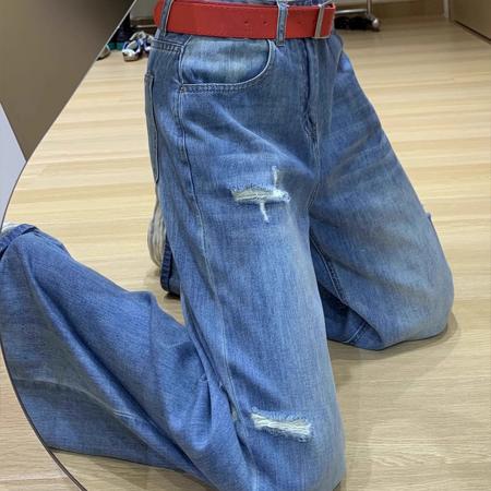 FA39391# 蓝色高腰破洞牛仔裤女夏季薄款宽松直筒阔腿裤拖地裤  服裝批發女裝批發服飾貨源