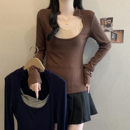 FA39394# 大码女装上衣真两件打底衫人棉质感长袖  服裝批發女裝批發服飾貨源