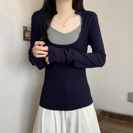 FA39394# 大码女装上衣真两件打底衫人棉质感长袖  服裝批發女裝批發服飾貨源