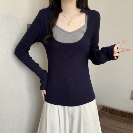FA39394# 大码女装上衣真两件打底衫人棉质感长袖  服裝批發女裝批發服飾貨源