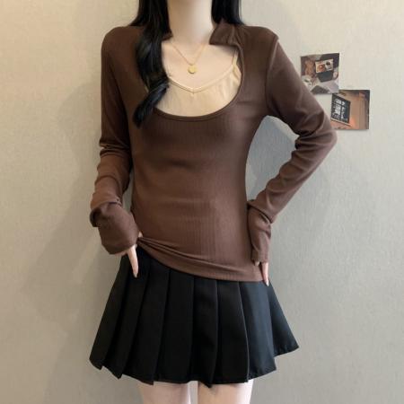 FA39394# 大码女装上衣真两件打底衫人棉质感长袖  服裝批發女裝批發服飾貨源