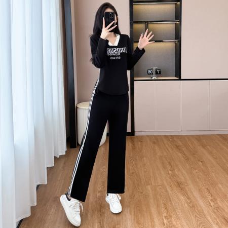 FA39401# 秋季新款大码女装休闲运动套装胖女孩时尚减龄上衣阔腿裤两件套女  服裝批發女裝批發服飾貨源