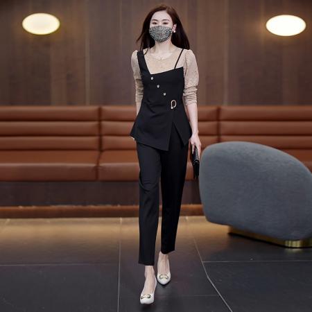FA39410# 秋装新款女装套装时尚胖MM显瘦蕾丝拼接长袖上衣裤子两件套女  服裝批發女裝批發服飾貨源
