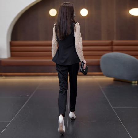 FA39410# 秋装新款女装套装时尚胖MM显瘦蕾丝拼接长袖上衣裤子两件套女  服裝批發女裝批發服飾貨源