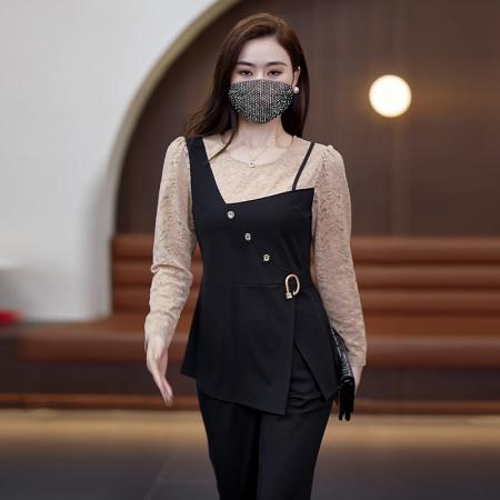 FA39410# 秋装新款女装套装时尚胖MM显瘦蕾丝拼接长袖上衣裤子两件套女  服裝批發女裝批發服飾貨源