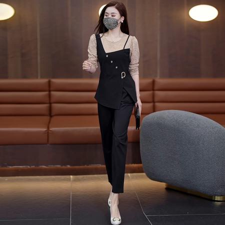 FA39410# 秋装新款女装套装时尚胖MM显瘦蕾丝拼接长袖上衣裤子两件套女  服裝批發女裝批發服飾貨源