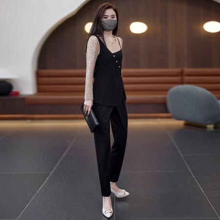 FA39410# 秋装新款女装套装时尚胖MM显瘦蕾丝拼接长袖上衣裤子两件套女  服裝批發女裝批發服飾貨源