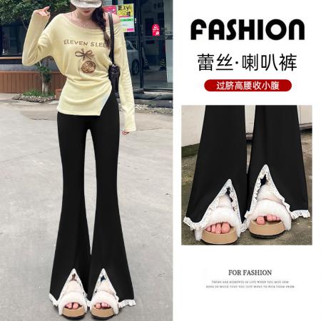 FA39413# 秋季新款微喇裤女裤蕾丝拼接女裤高腰垂感显瘦裤子女  服裝批發女裝批發服飾貨源