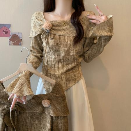 FA39418# 茶系温柔风气质小众一字肩上衣女秋季  服裝批發女裝批發服飾貨源
