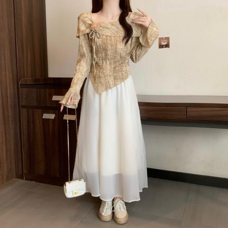 FA39418# 茶系温柔风气质小众一字肩上衣女秋季  服裝批發女裝批發服飾貨源