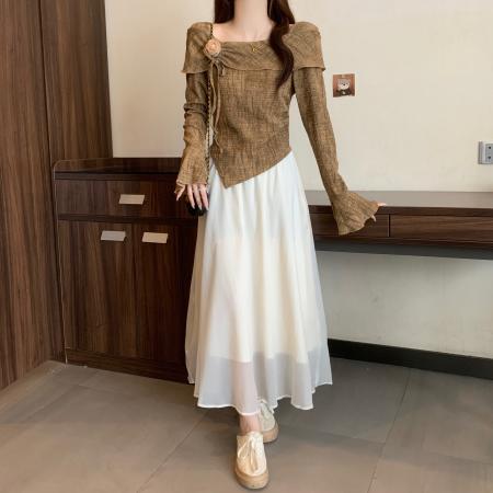 FA39418# 茶系温柔风气质小众一字肩上衣女秋季  服裝批發女裝批發服飾貨源