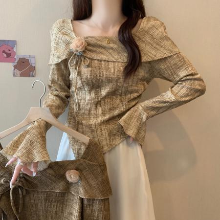 FA39418# 茶系温柔风气质小众一字肩上衣女秋季  服裝批發女裝批發服飾貨源
