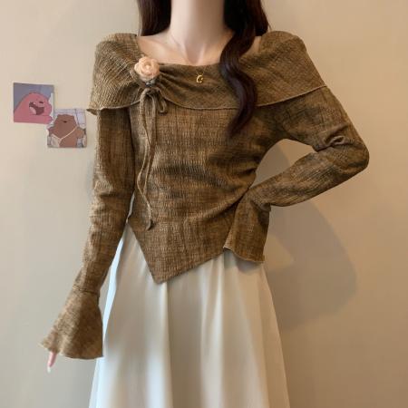FA39418# 茶系温柔风气质小众一字肩上衣女秋季  服裝批發女裝批發服飾貨源