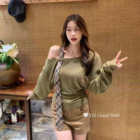 FA39420# 秋季新款氛围感拼接领带露肩小衫斜领收腰长袖上衣女  服裝批發女裝批發服飾貨源