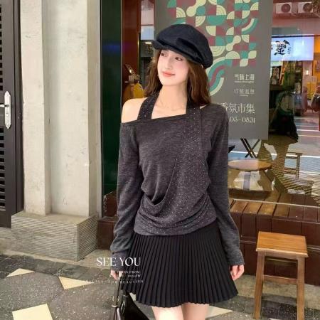 FA39421# 早秋新款韩系时尚百搭ins假两件露肩拼接波点针织衫女  服裝批發女裝批發服飾貨源