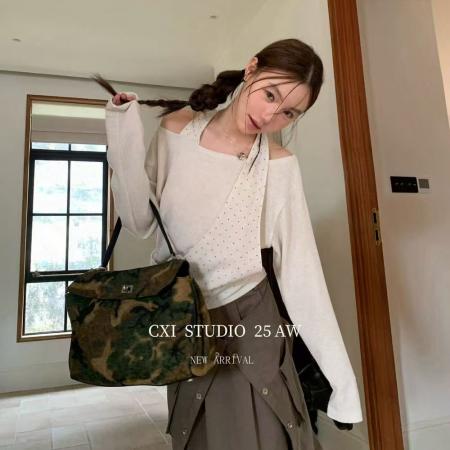 FA39421# 早秋新款韩系时尚百搭ins假两件露肩拼接波点针织衫女  服裝批發女裝批發服飾貨源