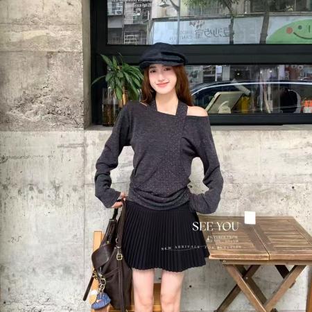 FA39421# 早秋新款韩系时尚百搭ins假两件露肩拼接波点针织衫女  服裝批發女裝批發服飾貨源