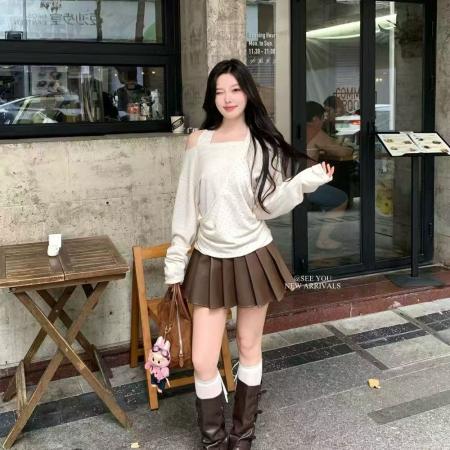 FA39421# 早秋新款韩系时尚百搭ins假两件露肩拼接波点针织衫女  服裝批發女裝批發服飾貨源