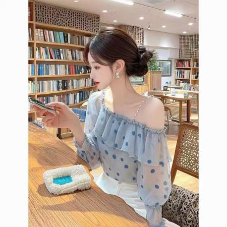 YF5836# 图片色性感时尚露肩吊带荷叶边波点显瘦小清新泡泡袖一字肩雪纺衫