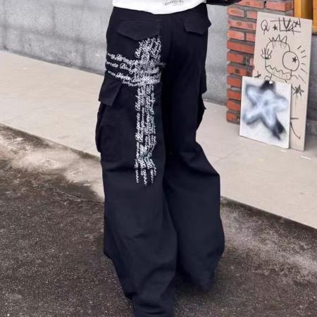 YF5835# 图片色港味个性慵懒风十字架字母印花高腰直筒坠地感休闲牛仔裤