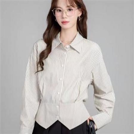 YF5834# 图片色甜美时尚春秋收腰排扣长袖翻领通勤显瘦不规则开叉设计衬衣