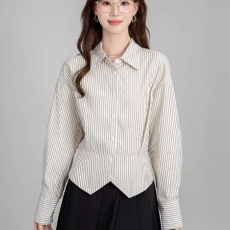YF5834# 图片色甜美时尚春秋收腰排扣长袖翻领通勤显瘦不规则开叉设计衬衣