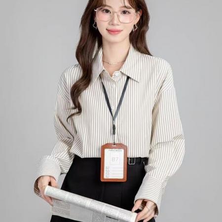 YF5834# 图片色甜美时尚春秋收腰排扣长袖翻领通勤显瘦不规则开叉设计衬衣
