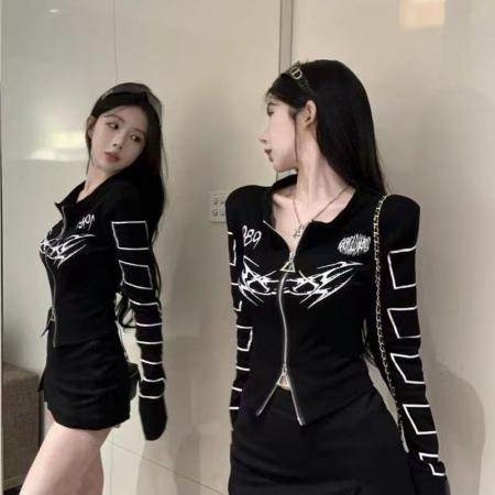 YF5847# 图片色韩版长袖双拉链设计个性涂鸦弹力修腰显瘦洋气休闲卫衣潮T