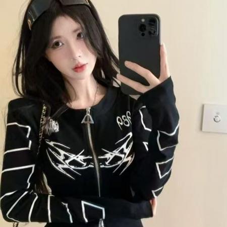 YF5847# 图片色韩版长袖双拉链设计个性涂鸦弹力修腰显瘦洋气休闲卫衣潮T