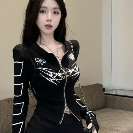 YF5847# 图片色韩版长袖双拉链设计个性涂鸦弹力修腰显瘦洋气休闲卫衣潮T