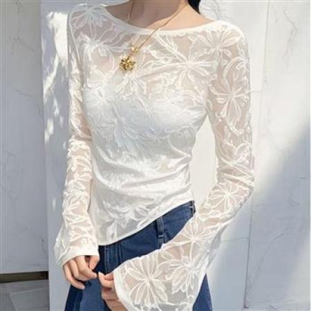 YF5843# 韩版喇叭袖套头不规则花朵提花弹力修身显瘦蕾丝上衣
