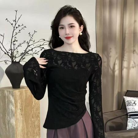 YF5843# 韩版喇叭袖套头不规则花朵提花弹力修身显瘦蕾丝上衣