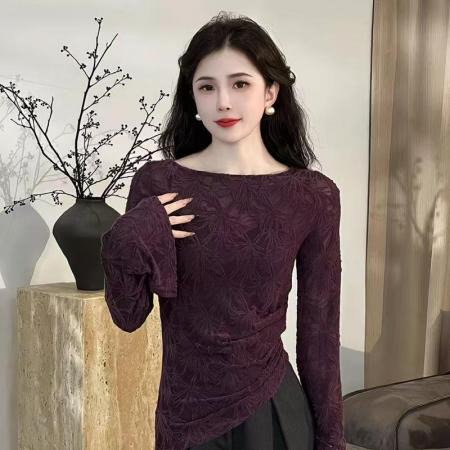 YF5843# 韩版喇叭袖套头不规则花朵提花弹力修身显瘦蕾丝上衣