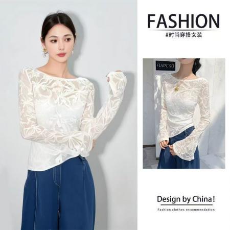 YF5843# 韩版喇叭袖套头不规则花朵提花弹力修身显瘦蕾丝上衣