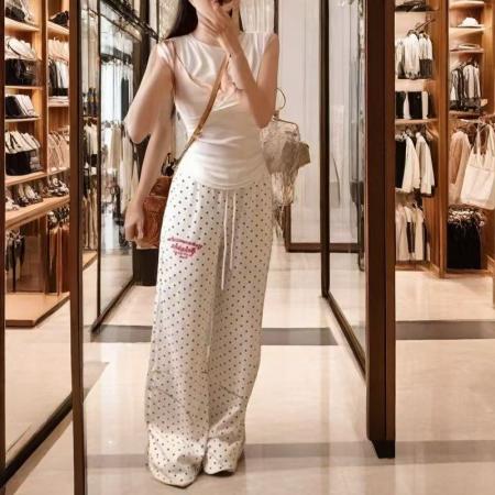 YF5862# 图片色港风时尚波点坠地感松紧腰绑绳字母印花直筒休闲卫衣裤