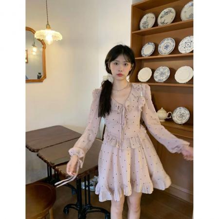YF5860# 图片色韩版森系泡泡袖荷叶边褶折收腰波点设计ins连衣裙
