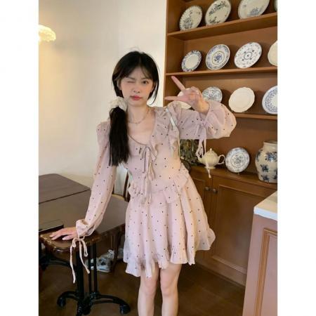 YF5860# 图片色韩版森系泡泡袖荷叶边褶折收腰波点设计ins连衣裙