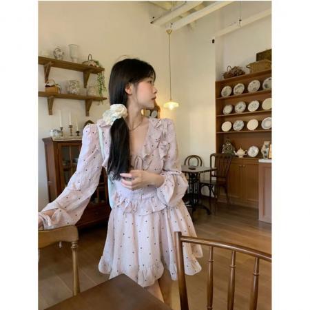 YF5860# 图片色韩版森系泡泡袖荷叶边褶折收腰波点设计ins连衣裙